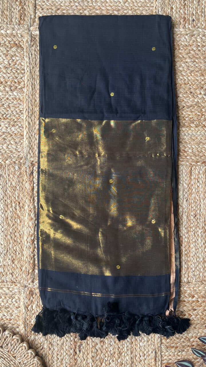 Black Mul Cotton Sequin Jori Border Saree