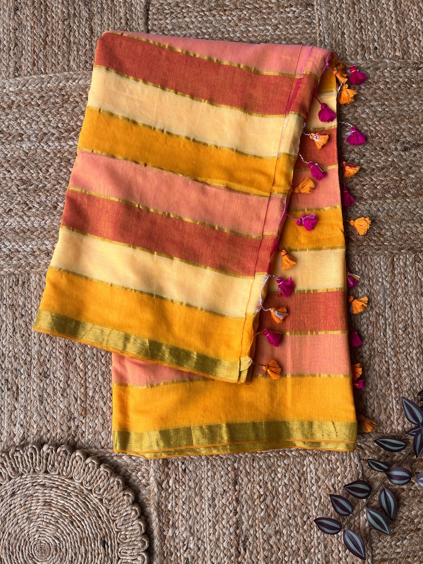 Shades of Yellow & Orange - Mul Cotton Saree with Horizontal Stripes