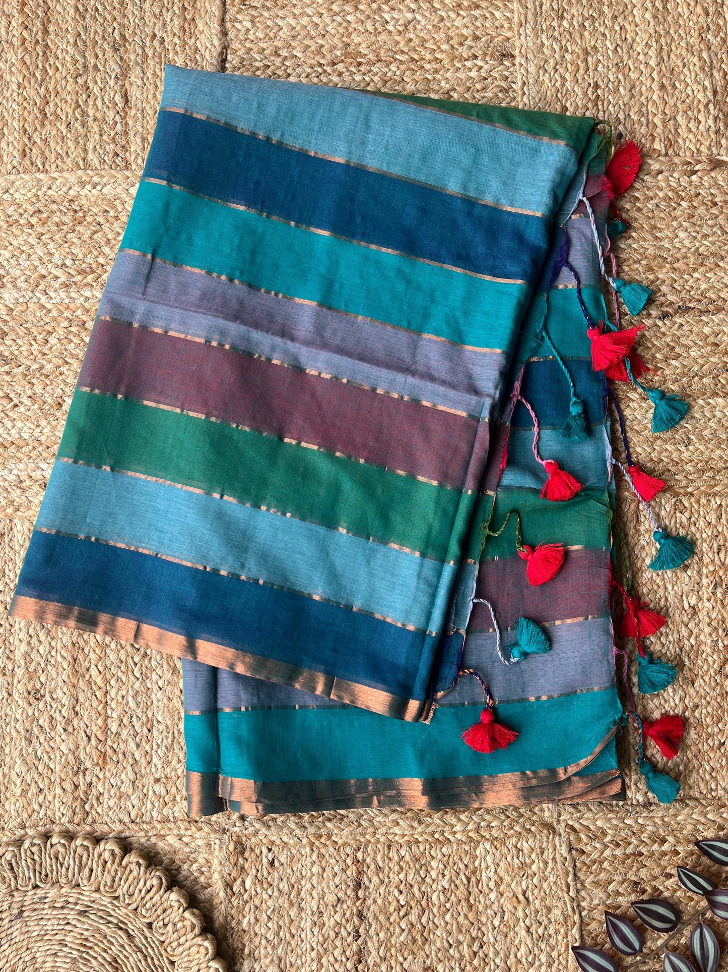 Shades of Blue Green -Mul Cotton Saree with Horizontal Stripes