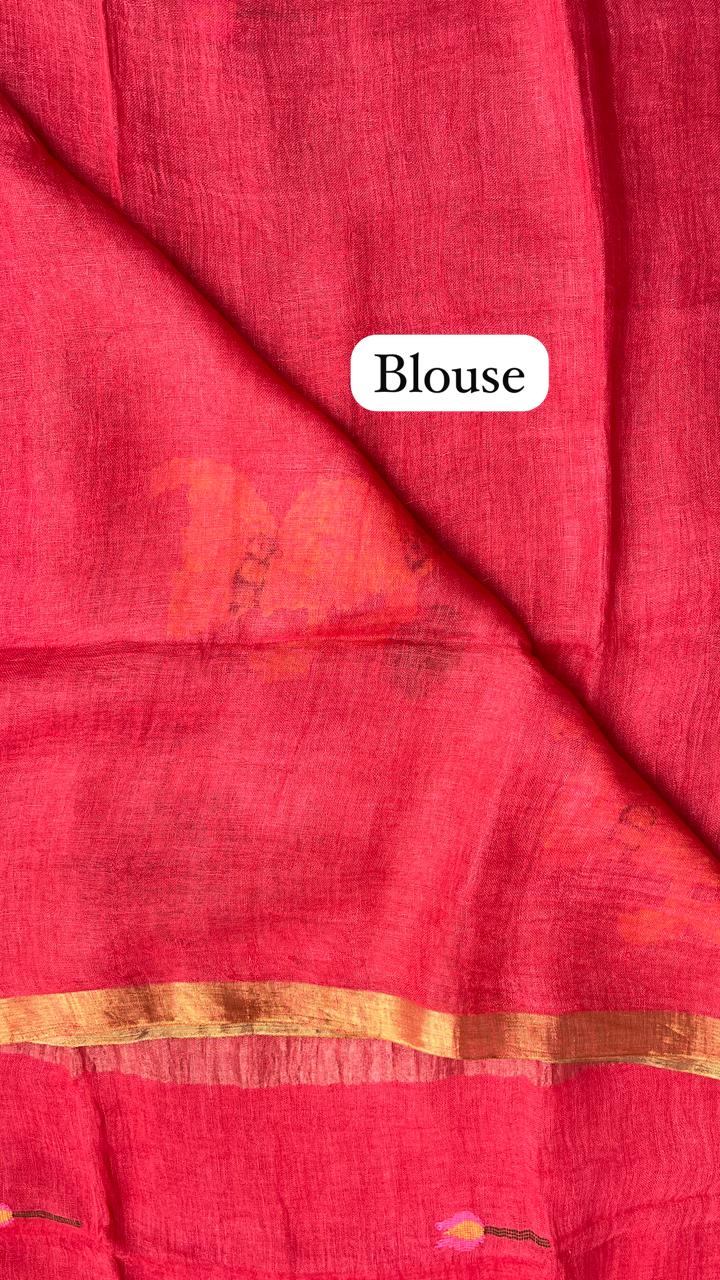 Orange Elegant Pure Linen Handloom Saree with Paithani Pallu