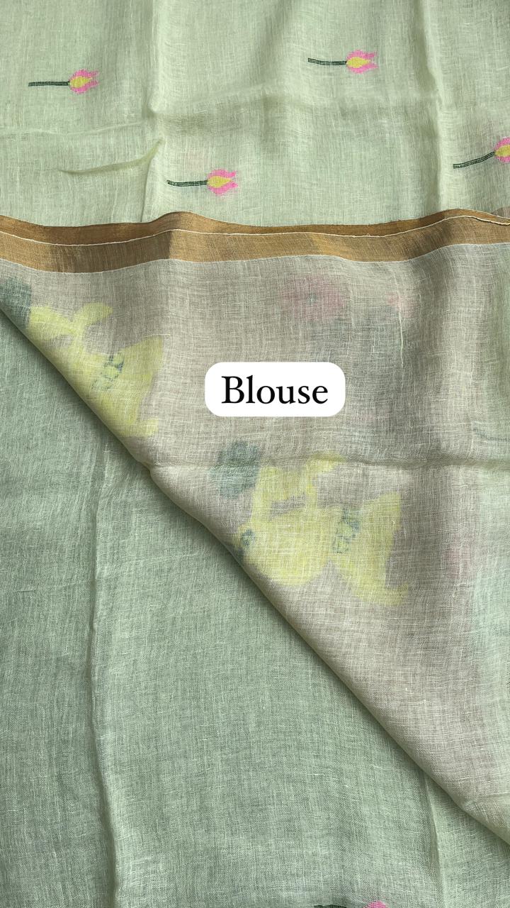 Light Yellow Elegant Pure Linen Handloom Saree with Paithani Pallu