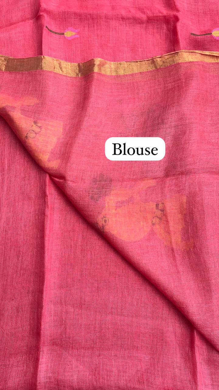 Peach Elegant Pure Linen Handloom Saree with Paithani Pallu