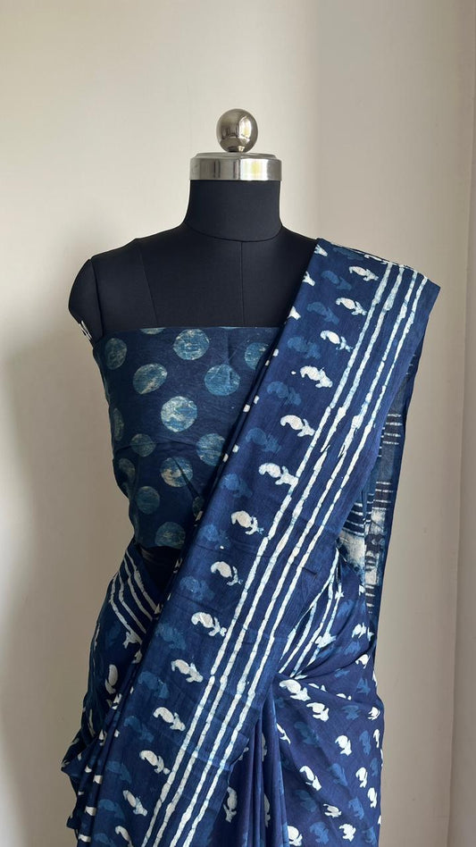 Indigo Cotton Hand Block Print Saree