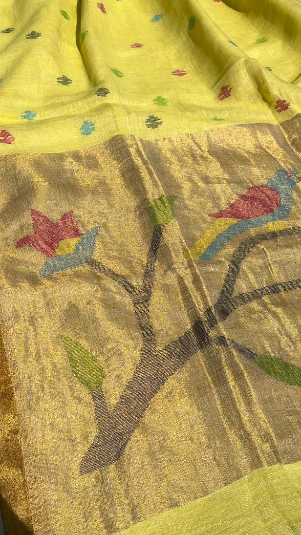 Lemon Yellow Handwoven Linen Saree Featuring Paithani Pallu