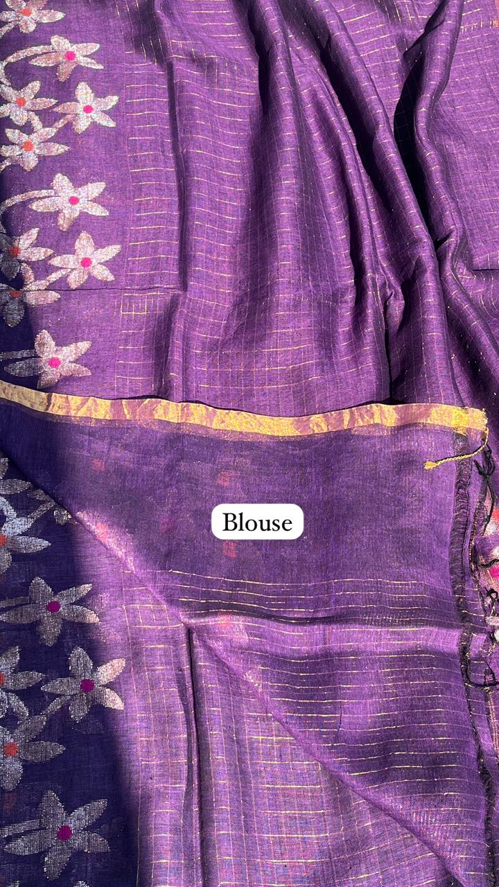 Purple Handwoven Pure Linen Saree – Checks & Floral Motifs