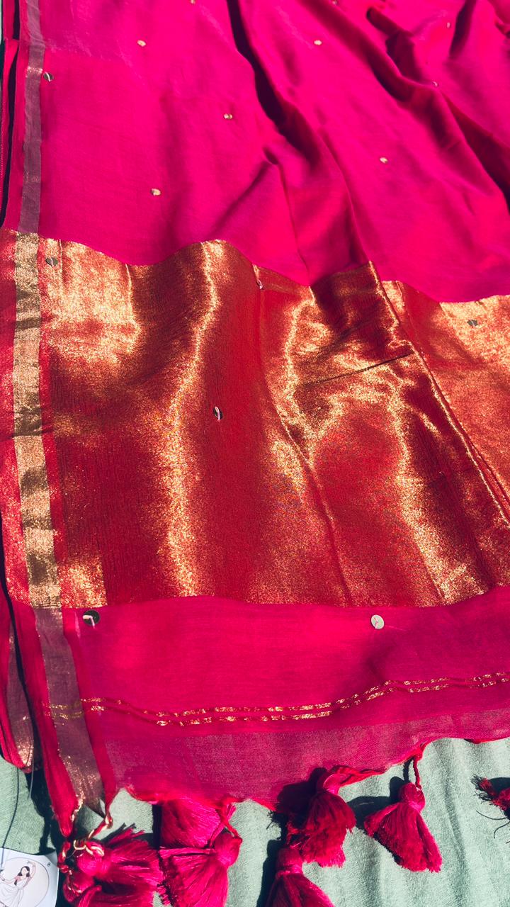 Pink Mul Cotton Sequin Jori Border Saree