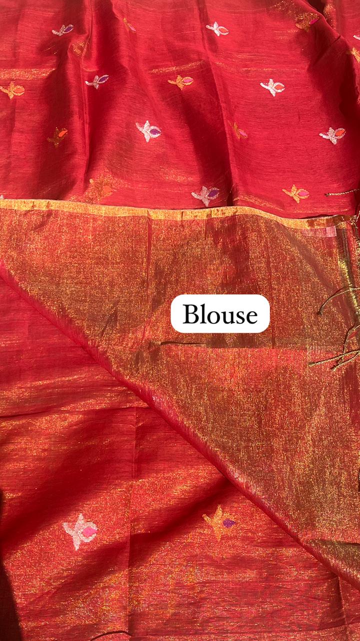 Red Handwoven Linen Tissue Saree -New Podu Design