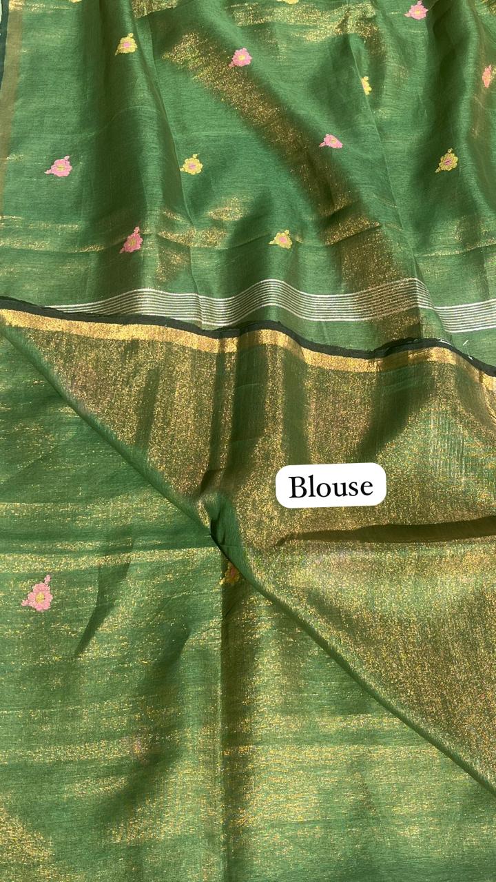 Green Handwoven Linen Tissue Saree – Floral Pallu Design