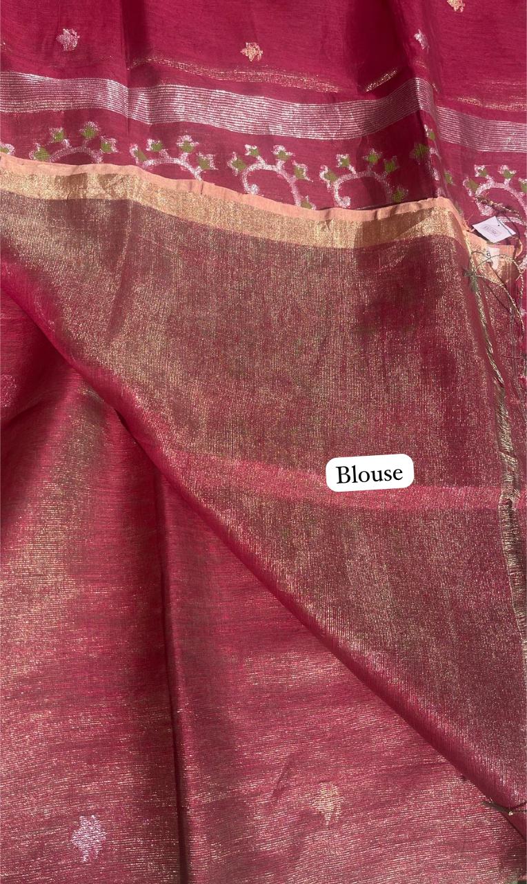 Pink Handwoven Linen Tissue Saree – Palak Pallu Design