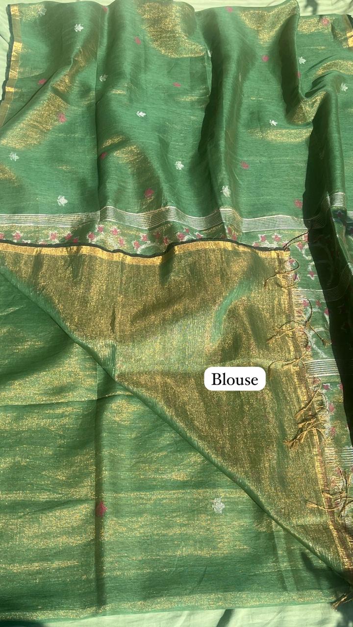 Green Handwoven Linen Tissue Saree – Palak Pallu Design