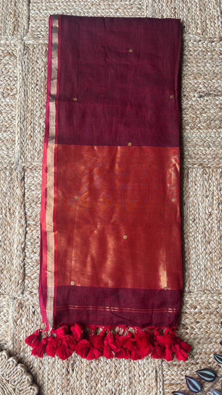 Brownish Red - Mul Cotton Sequin Jori Border Saree
