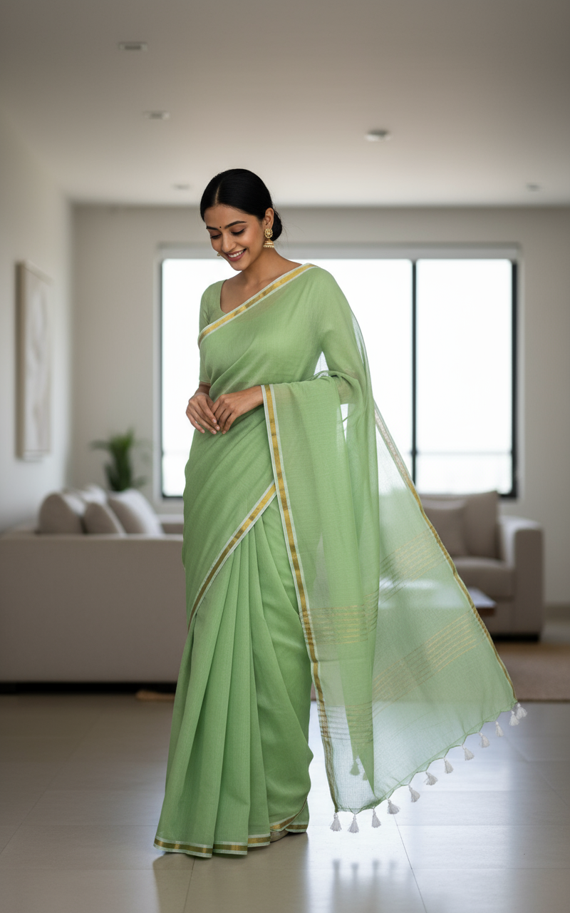 Light Pastel Green -Mul cotton saree with thin jori border.