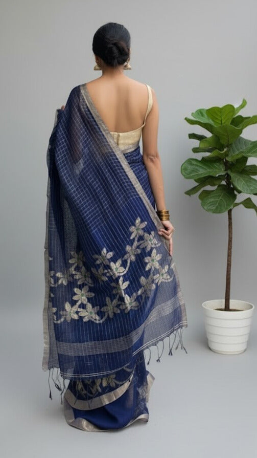 Navy Blue Handwoven Pure Linen Saree – Checks &amp; Floral Motifs