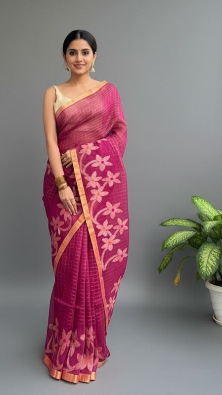 Magenta Handwoven Pure Linen Saree – Checks & Floral Motifs