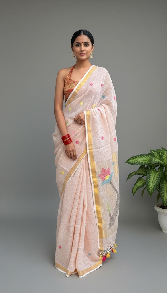 Beige Handwoven Linen Saree Featuring Paithani Pallu