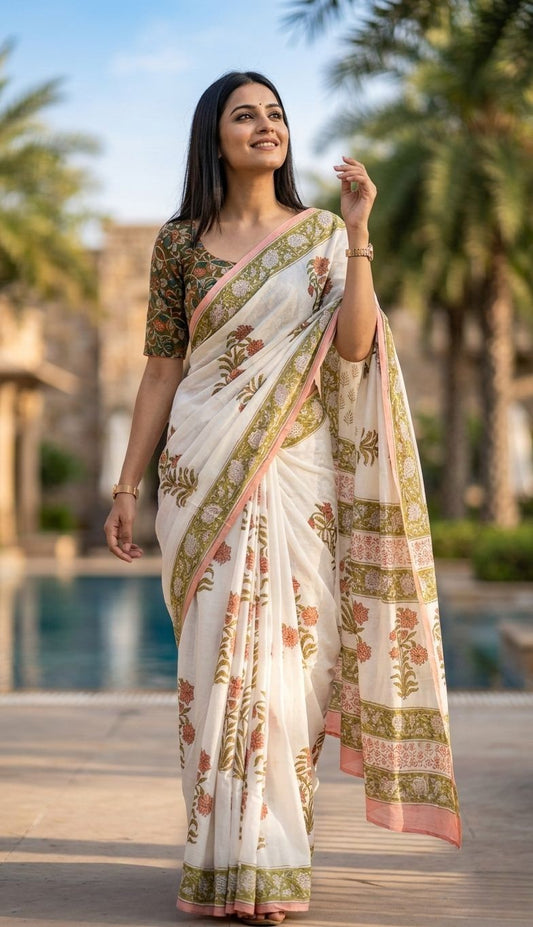 Cotton Hand Block Print Saree