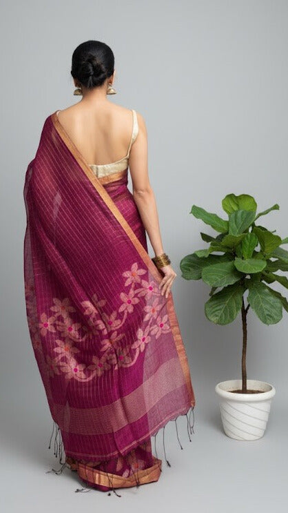 Magenta Handwoven Pure Linen Saree – Checks & Floral Motifs