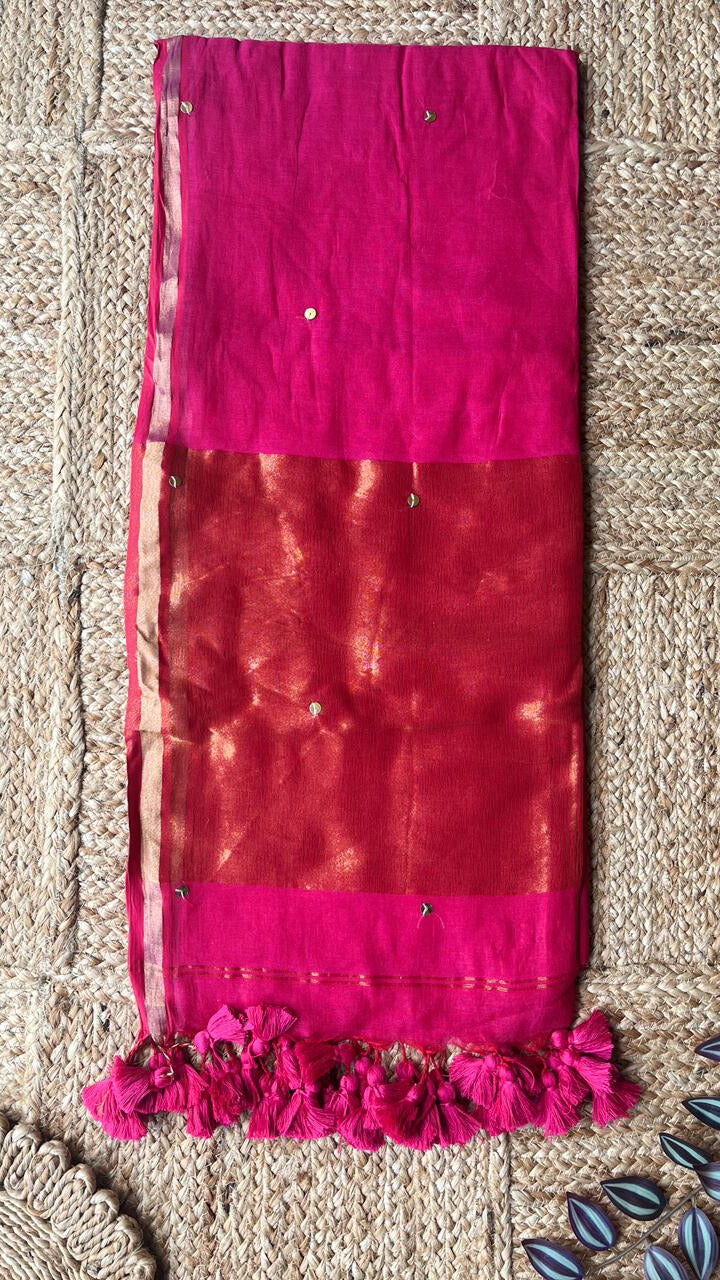 Pink Mul Cotton Sequin Jori Border Saree