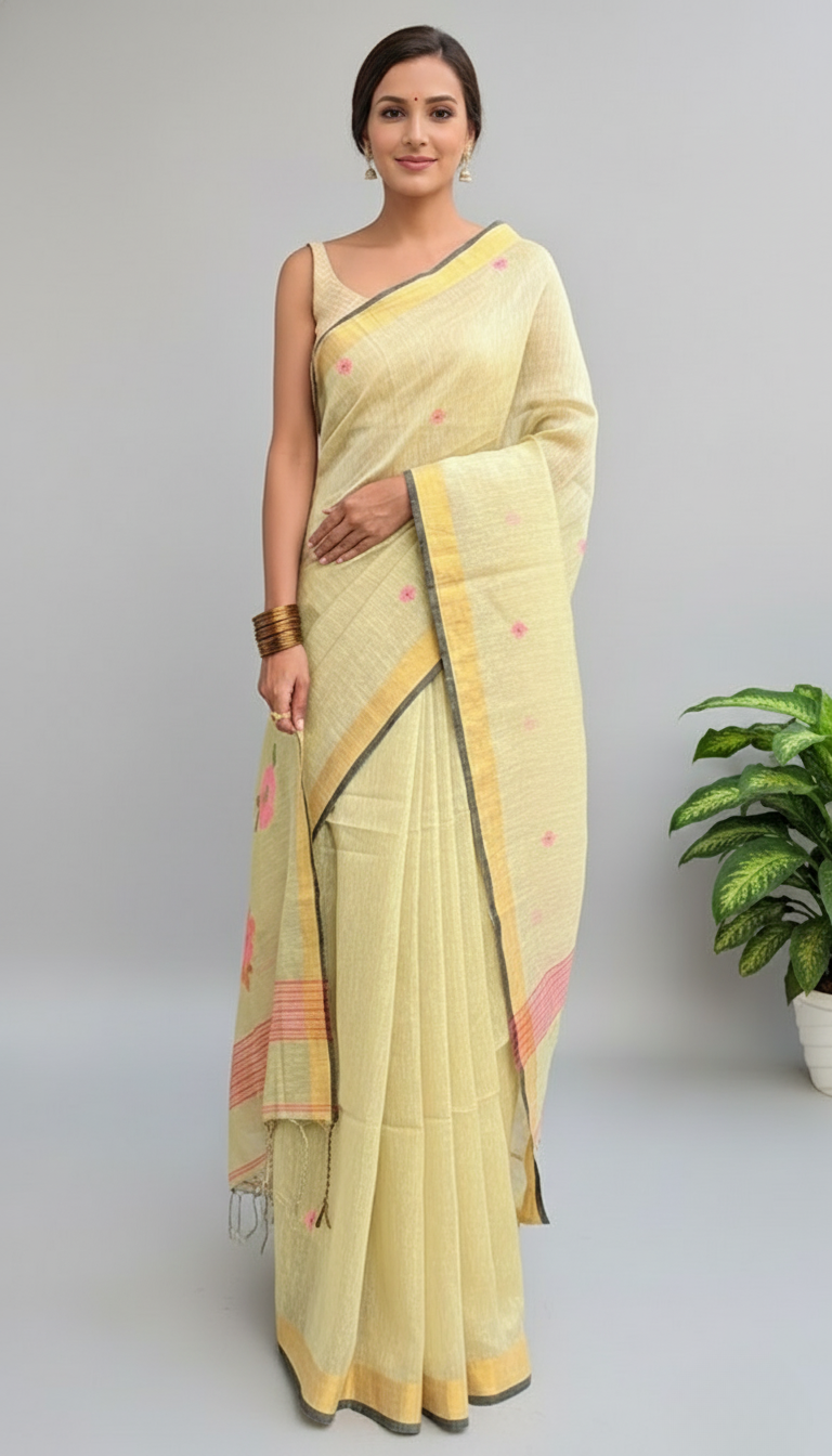Golden Handwoven Linen Tissue Saree – Floral Pallu Design
