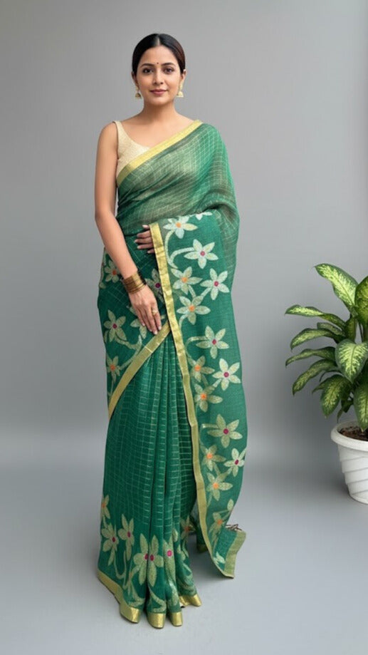 Green Handwoven Pure Linen Saree – Checks &amp; Floral Motifs