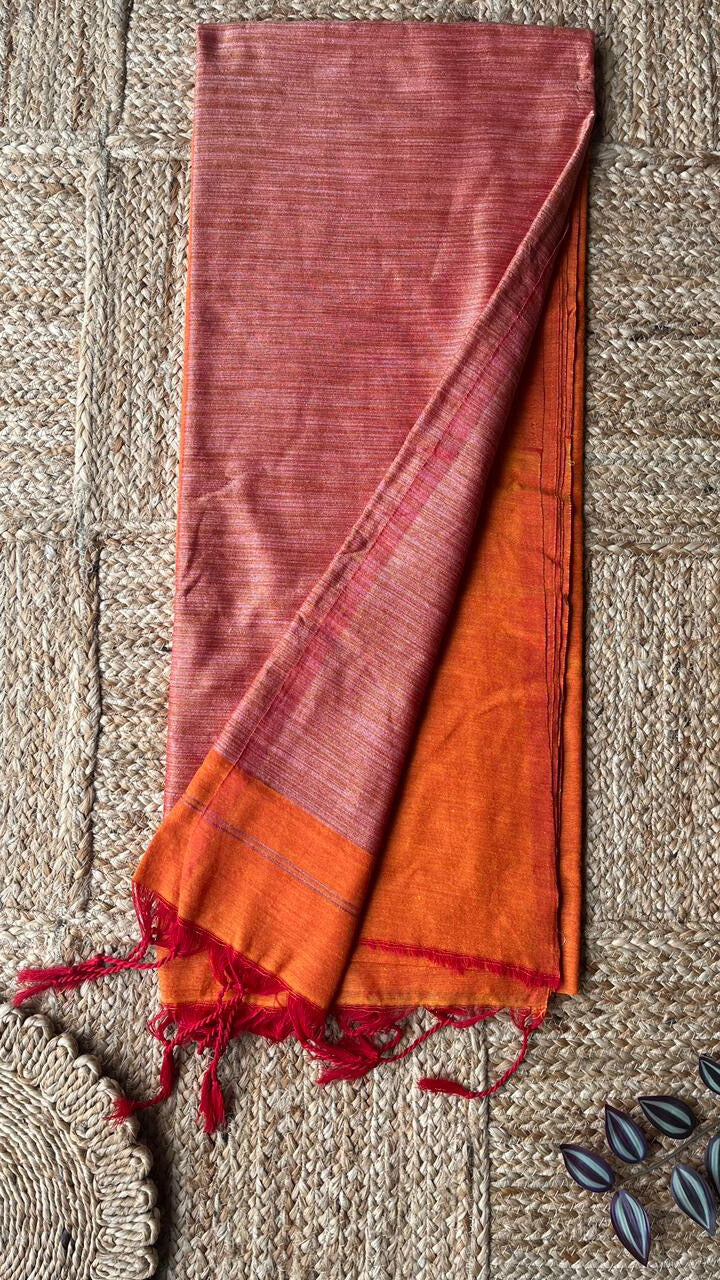 Orange -Mul Cotton Gicha Weaving Work Saree