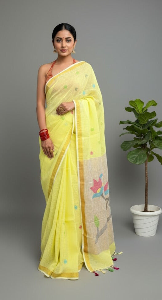 Lemon Yellow Handwoven Linen Saree Featuring Paithani Pallu