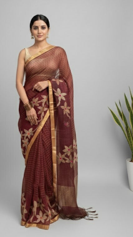 Reddish Brown Handwoven Pure Linen Saree – Checks & Floral Motifs