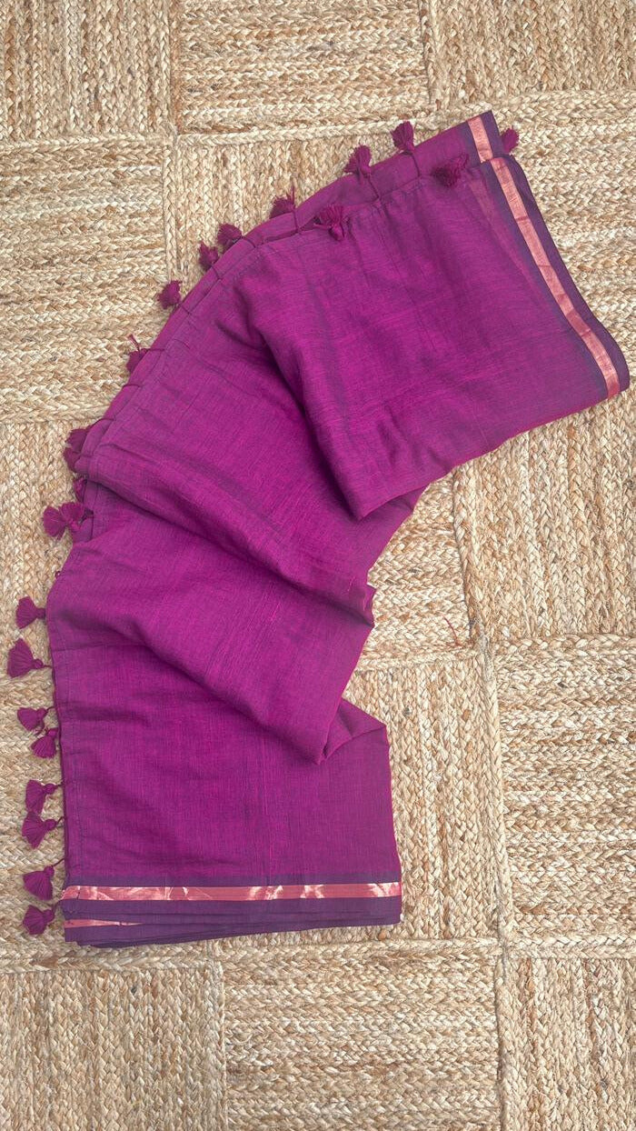 Purple - Mul cotton saree with Thin jori border.