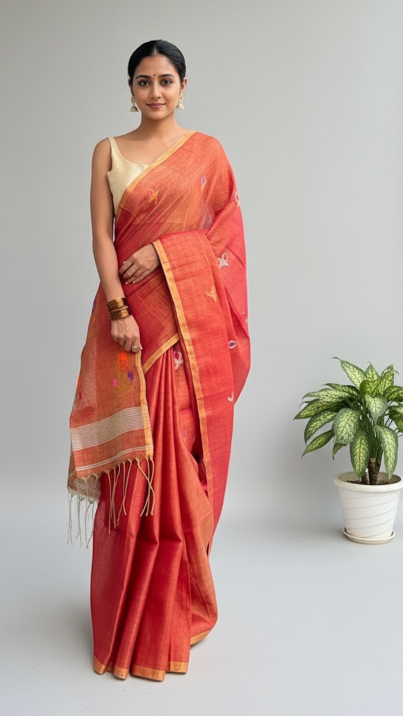 Red Handwoven Linen Tissue Saree -New Podu Design