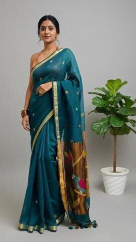 Teal Green Handwoven Linen Saree Featuring Paithani Pallu