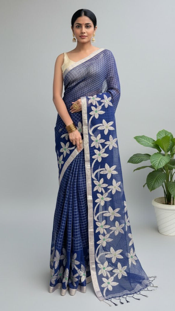 Navy Blue Handwoven Pure Linen Saree – Checks &amp; Floral Motifs