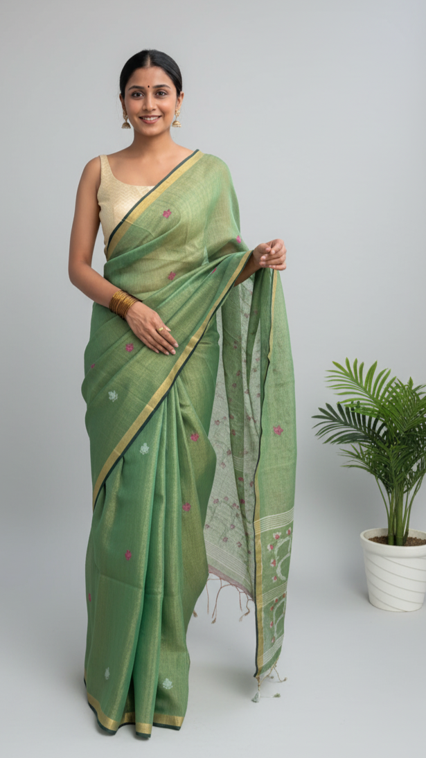 Green Handwoven Linen Tissue Saree – Palak Pallu Design