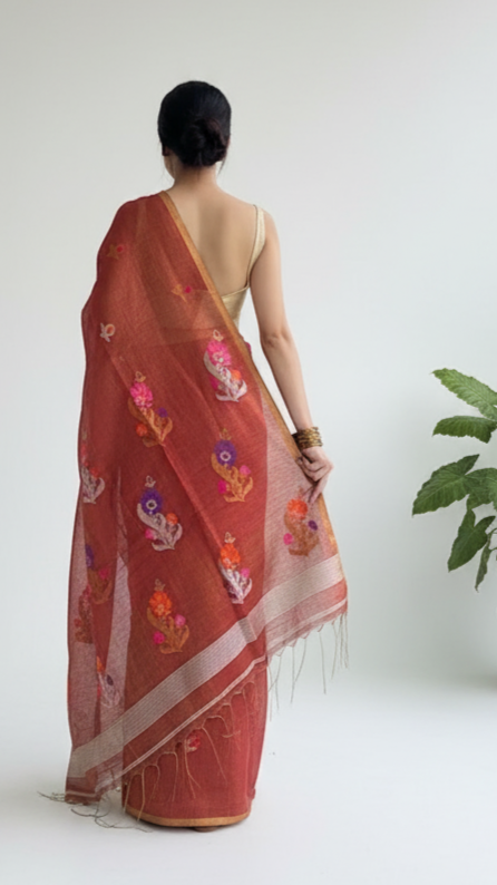 Red Handwoven Linen Tissue Saree -New Podu Design
