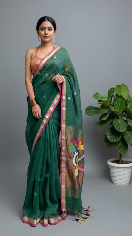Green Handwoven Linen Saree Featuring Paithani Pallu
