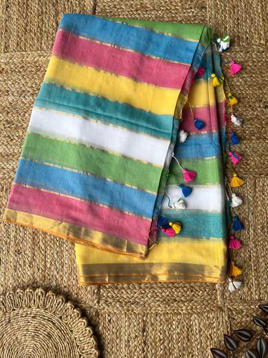 Multi Color - Mul Cotton Saree with Horizontal Stripes