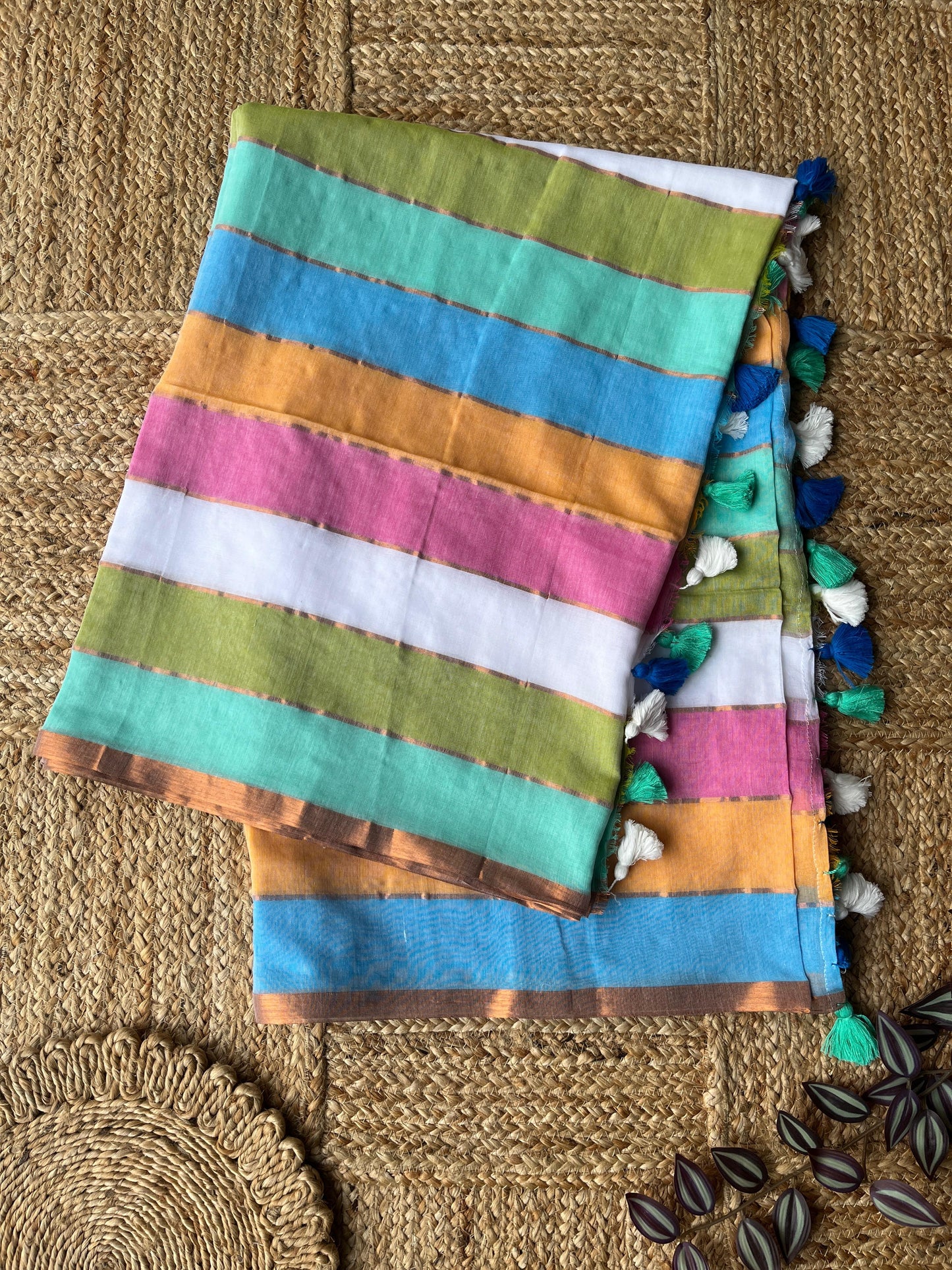 Multi Color -Mul Cotton Saree with Horizontal Stripes