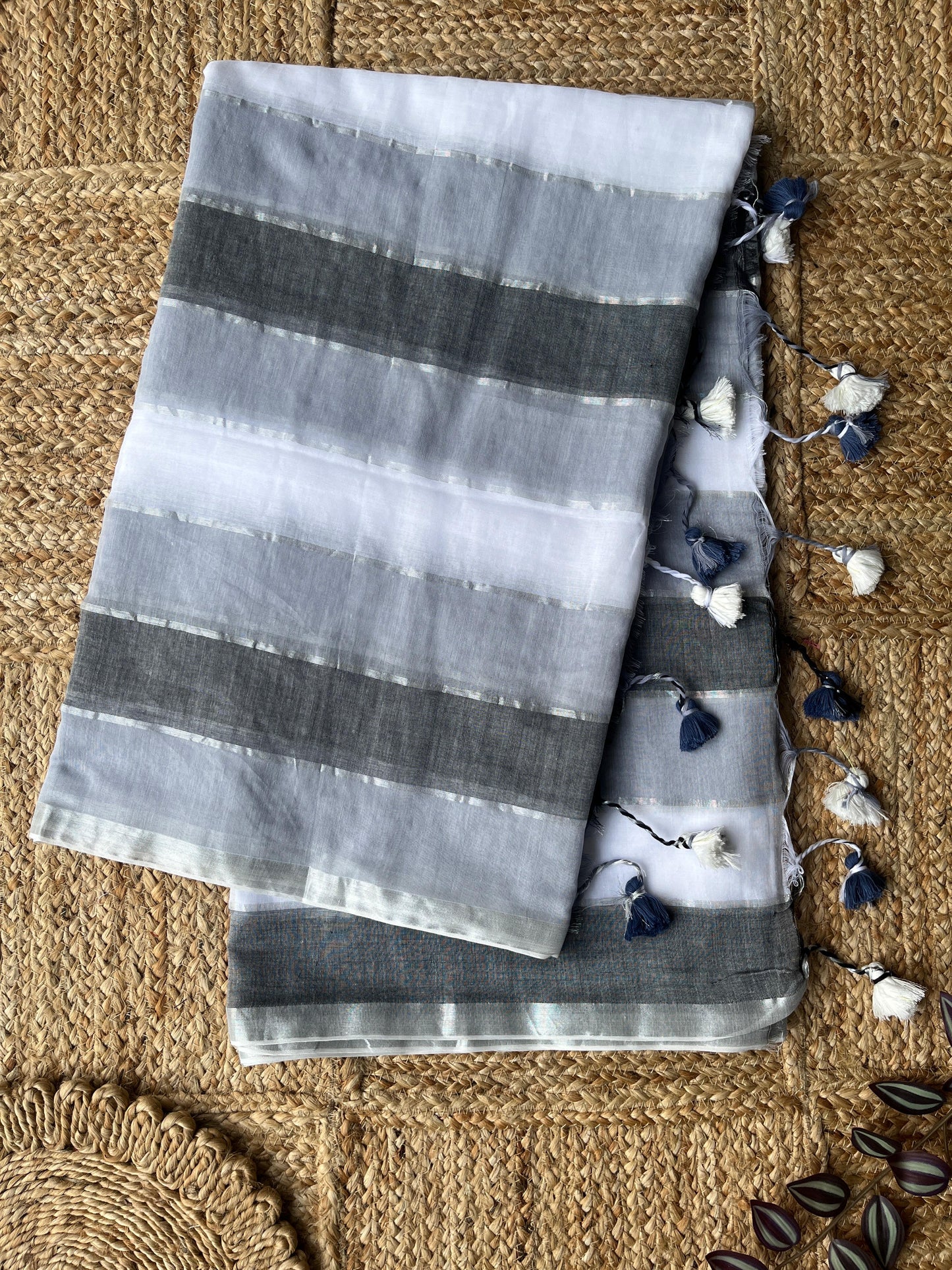 Shades of white & Grey -Mul Cotton Saree with Horizontal Stripes
