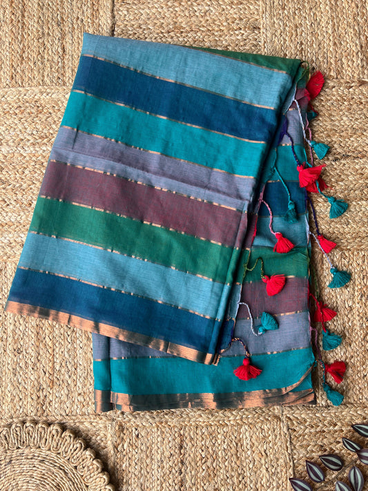 Shades of Blue  Green -Mul Cotton Saree with Horizontal Stripes