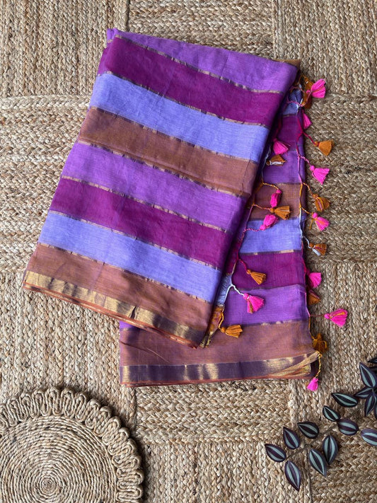 Shades of Purple- Mul Cotton Saree with Horizontal Stripes