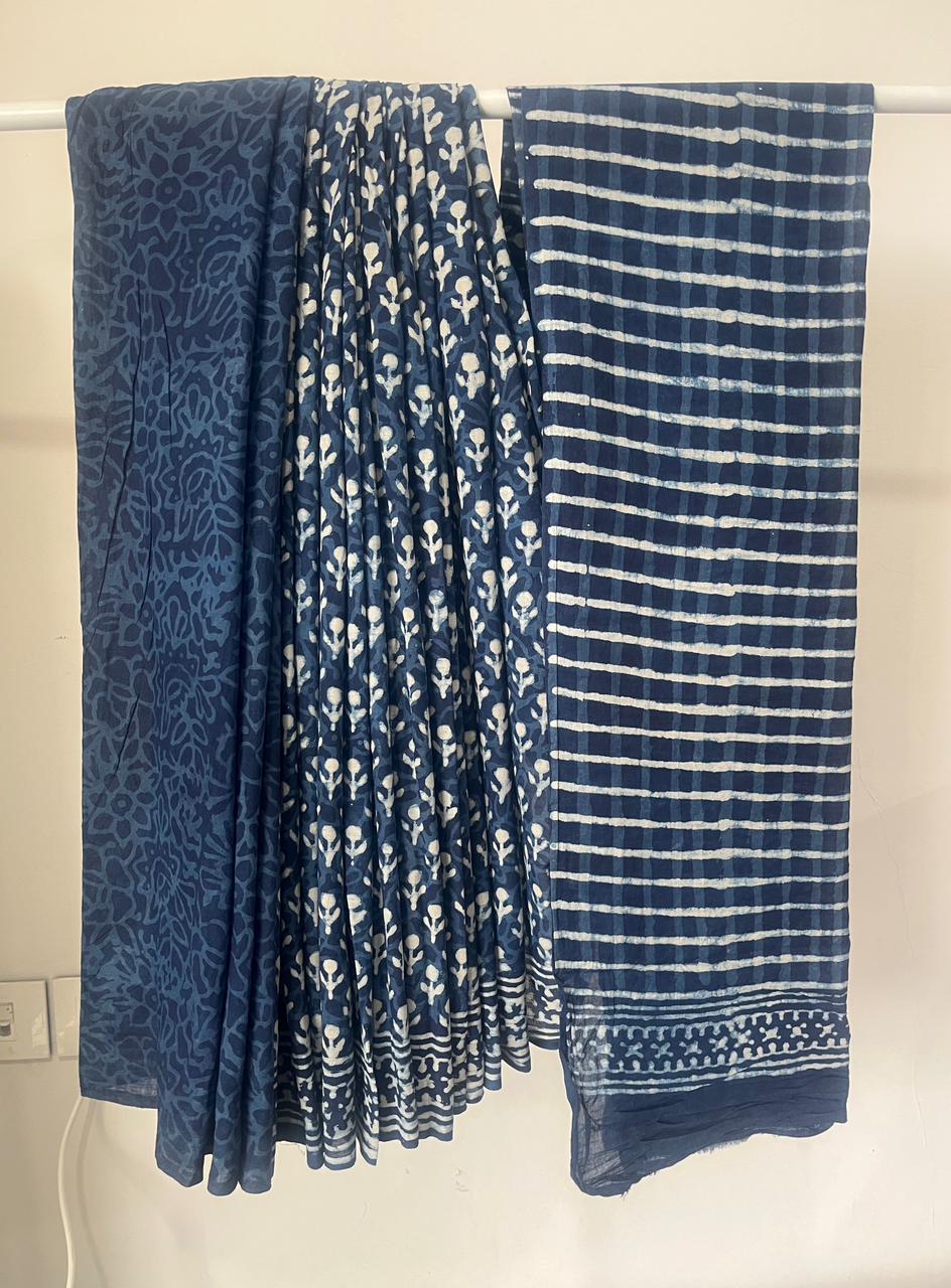 Indigo Cotton Hand Block Print Saree