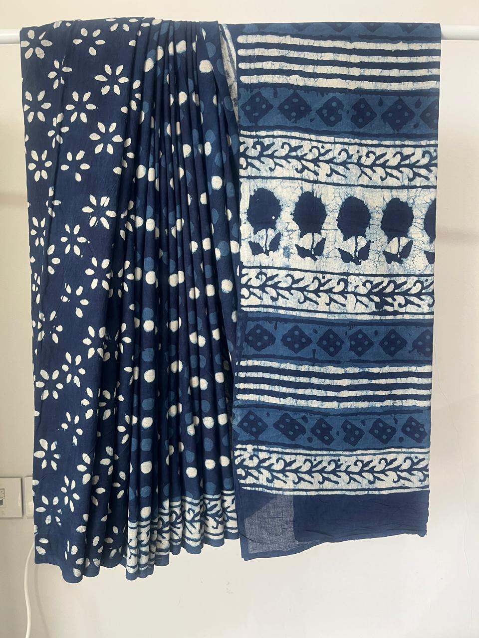 Indigo Cotton Hand Block Print Saree