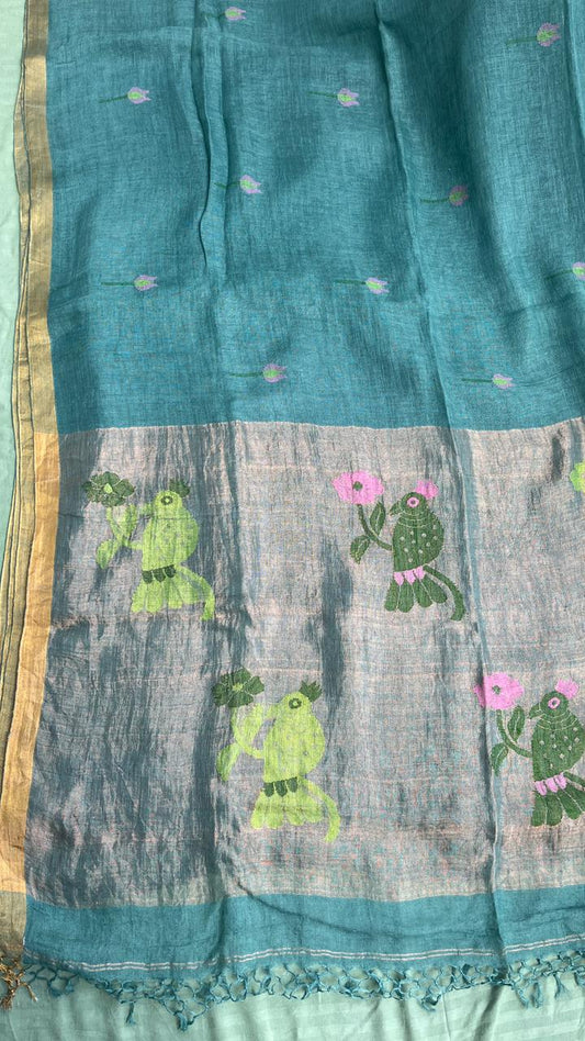 Green Elegant Pure Linen Handloom Saree with Paithani Pallu