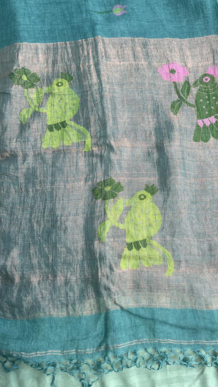 Green Elegant Pure Linen Handloom Saree with Paithani Pallu