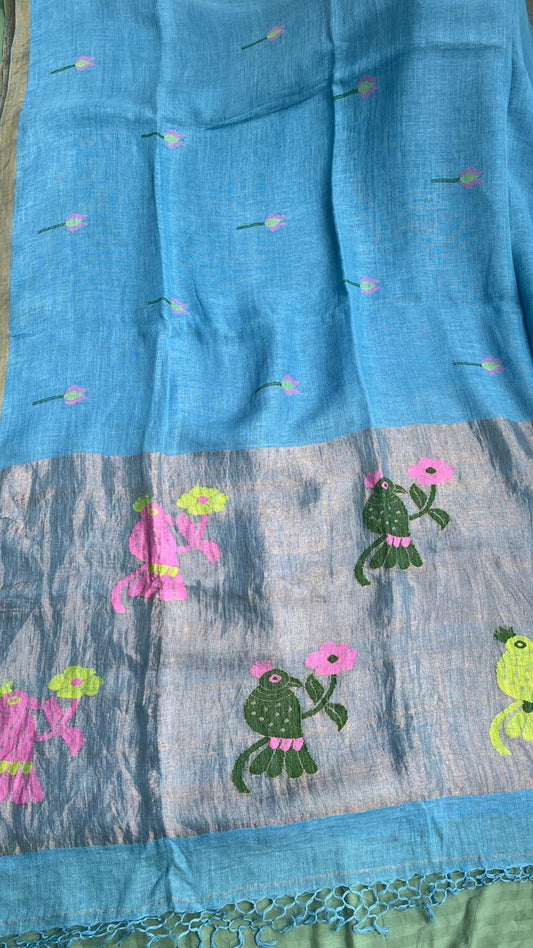 Blue Elegant Pure Linen Handloom Saree with Paithani Pallu