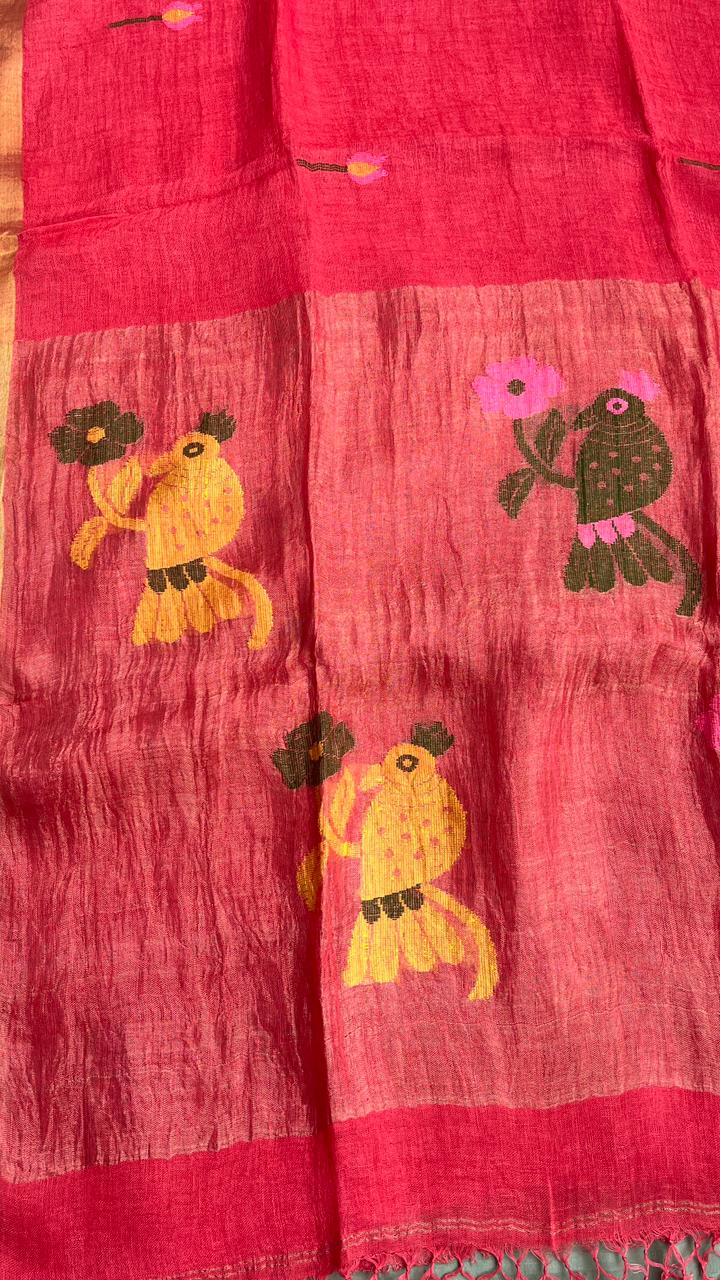 Orange Elegant Pure Linen Handloom Saree with Paithani Pallu