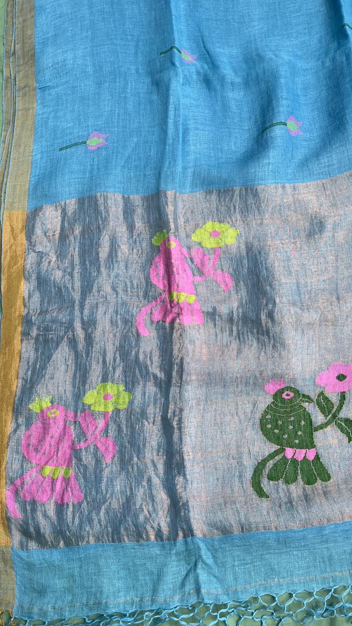 Blue Elegant Pure Linen Handloom Saree with Paithani Pallu