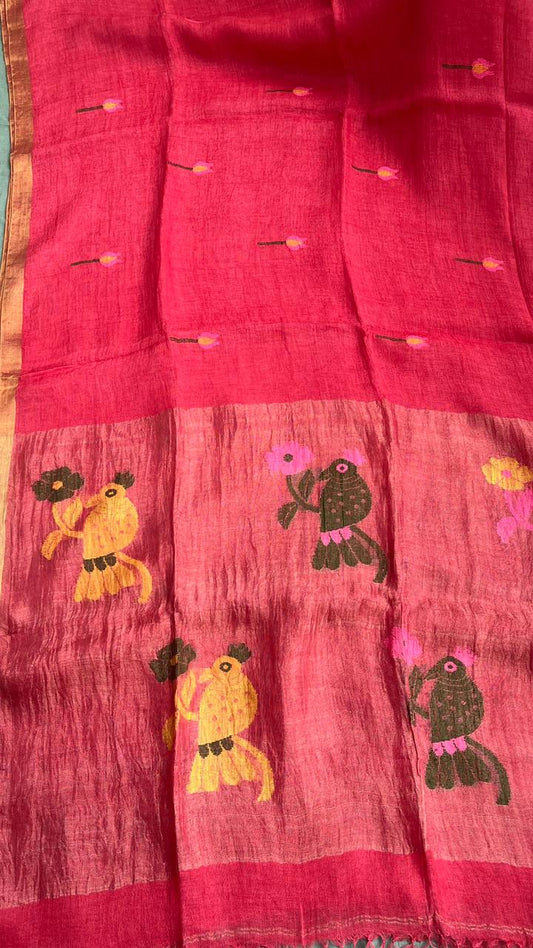 Orange Elegant Pure Linen Handloom Saree with Paithani Pallu