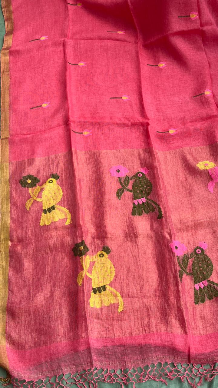 Peach Elegant Pure Linen Handloom Saree with Paithani Pallu