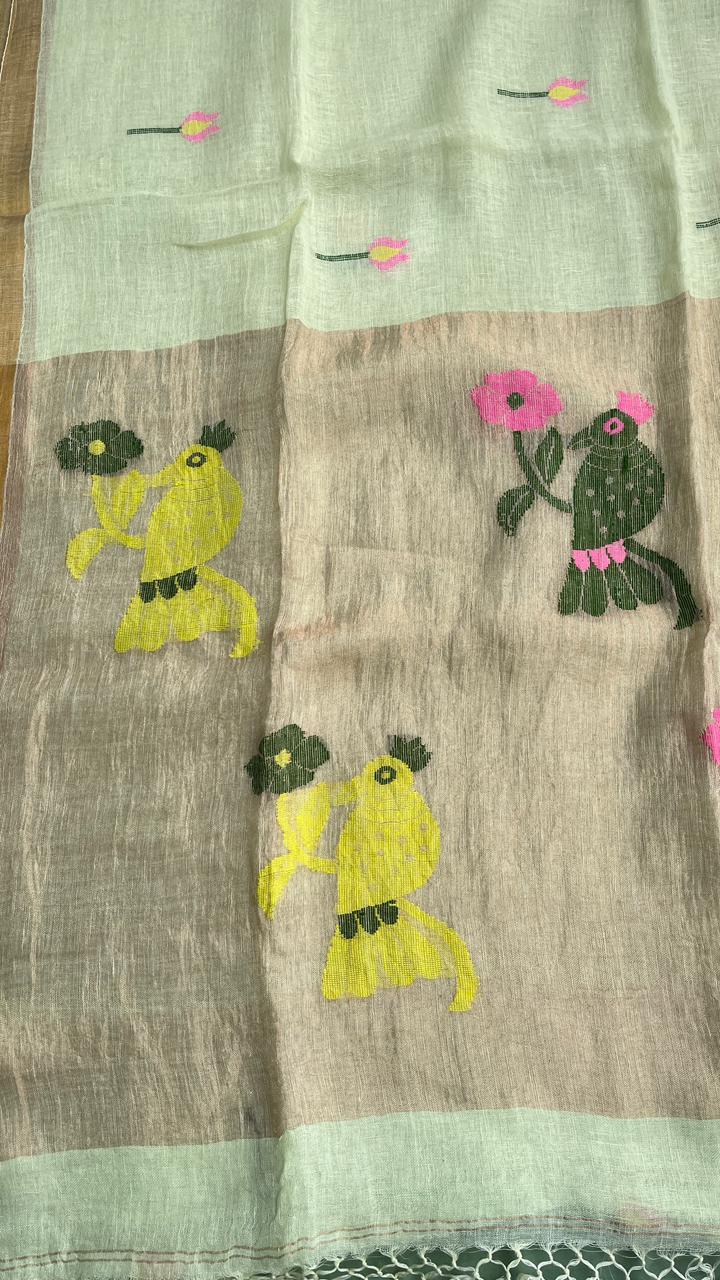 Light Yellow Elegant Pure Linen Handloom Saree with Paithani Pallu