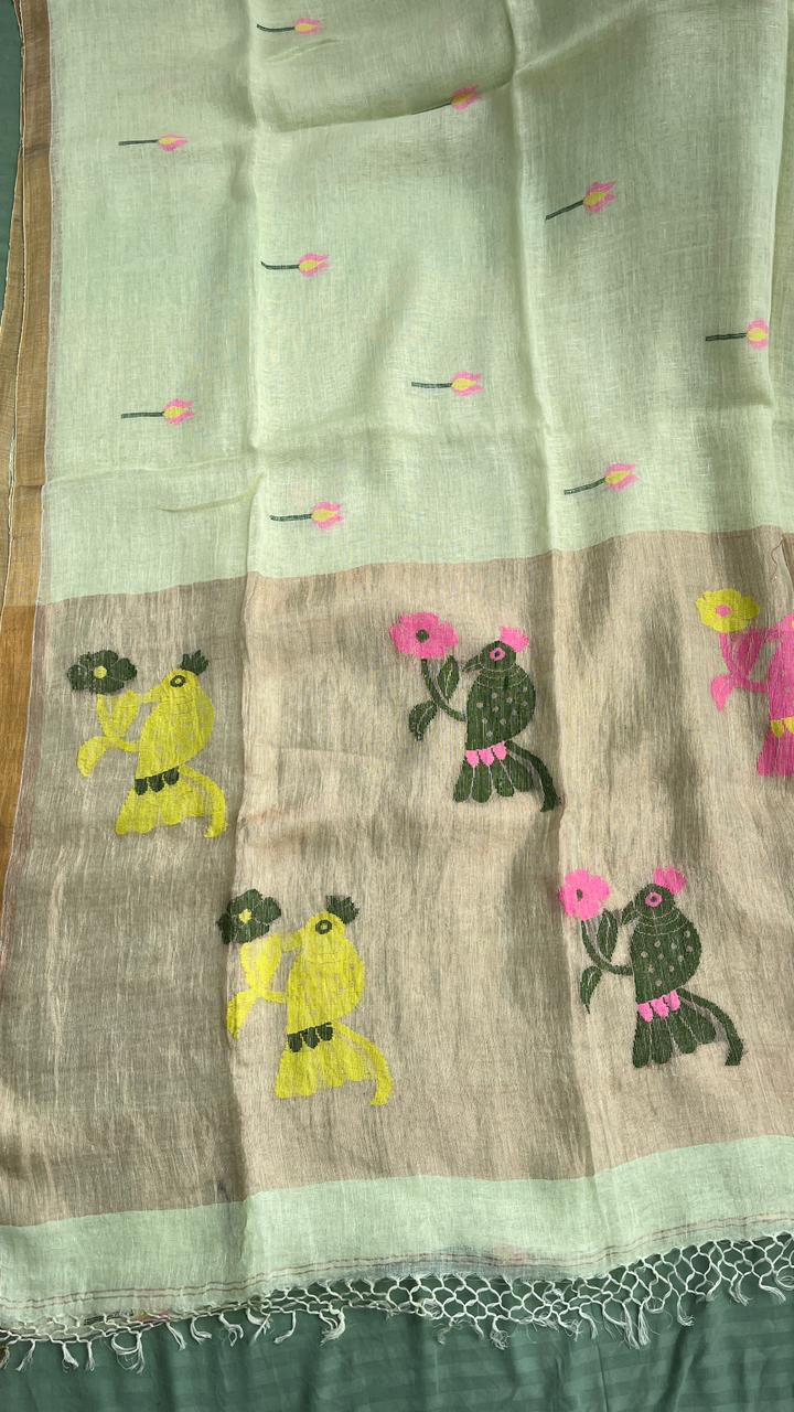 Light Yellow Elegant Pure Linen Handloom Saree with Paithani Pallu